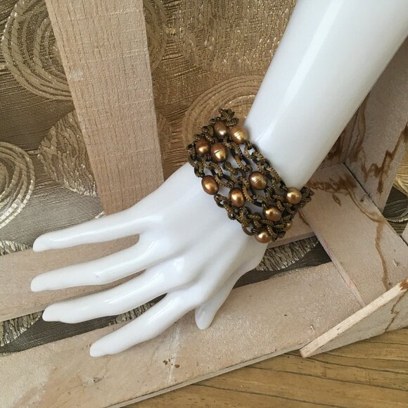 Stephen Dweck 5 Strand Bronze Link Bracelet with Gold Pearls - Picture 2 of 11